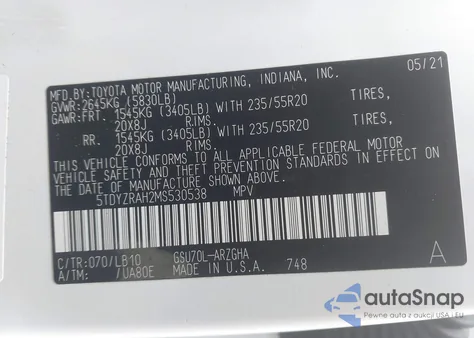 2021 Toyota Highlander Limited from USA, damaged, VIN 5TDYZRAH2MS530538